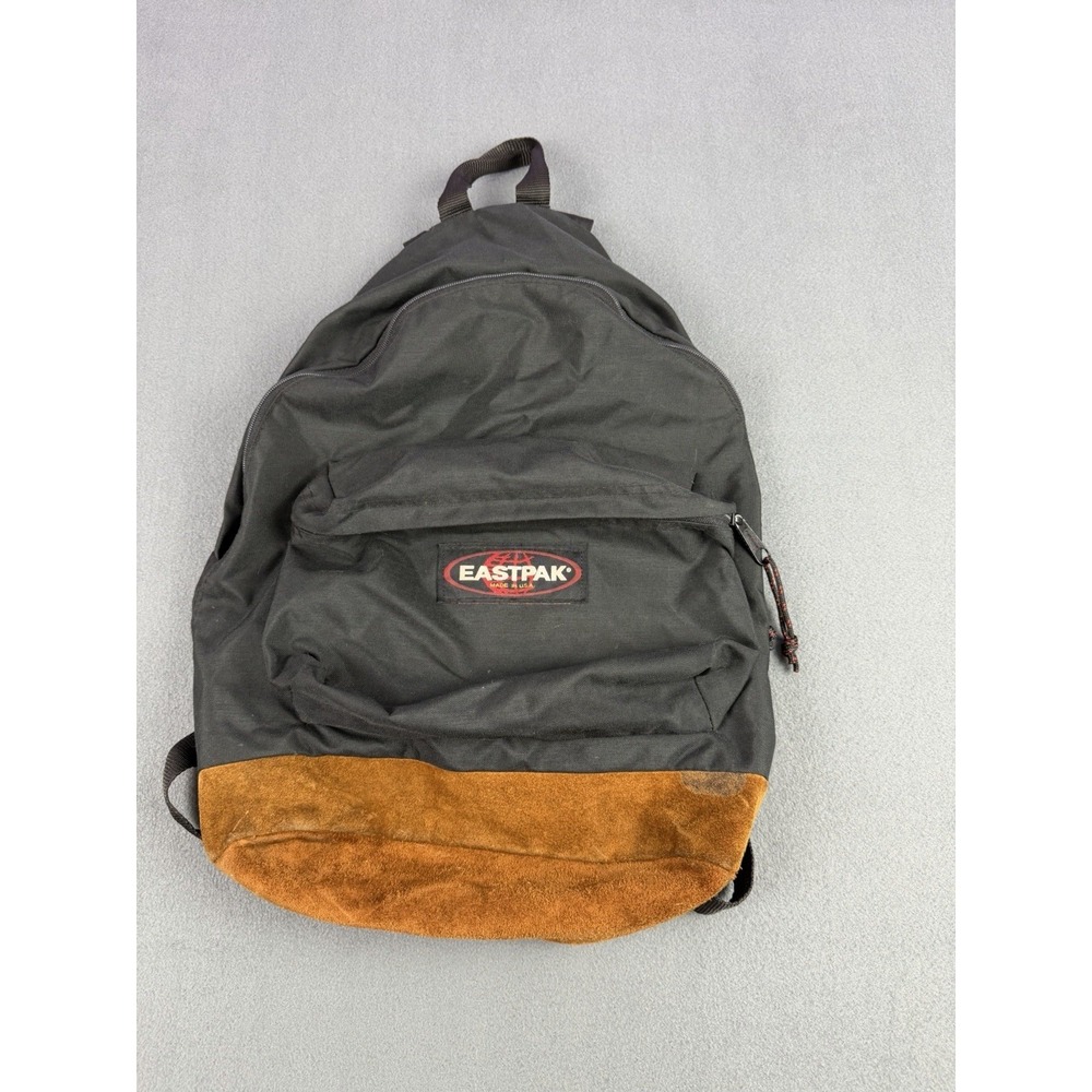 VTG Eastpak USA Made Black Nylon Backpack Suede Leather Bottom Book Bag